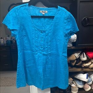 Flax Blue Short Sleeve Blouse with Buttoned V-Neck
